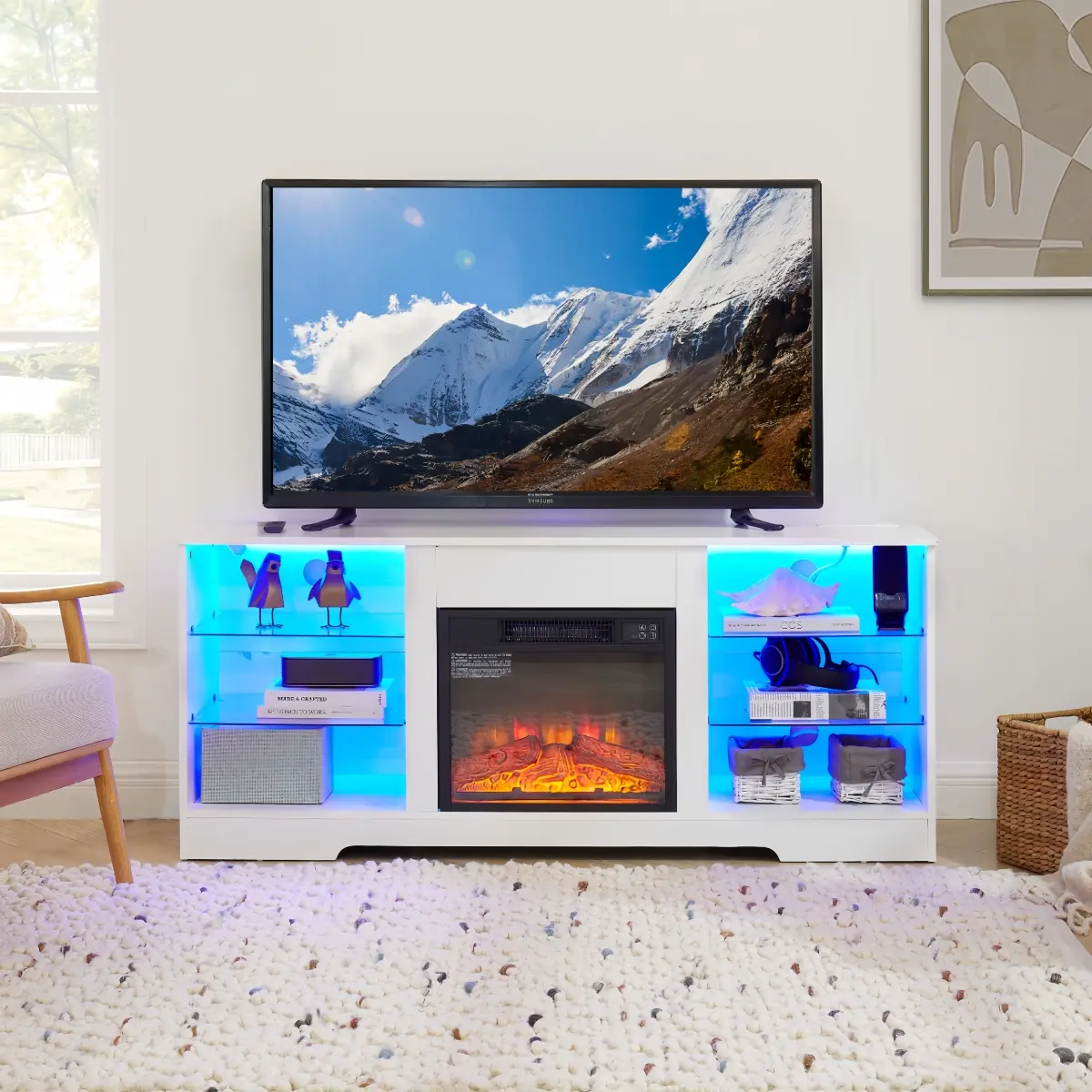 Modern Rectangular Electric Fireplace TV Stand with LED Firelight, Glass Shelves, USB Charging Outlet, MDF+PB+Glass Build, Easy Setup, for 32-62" TVs, White 58"W×15.4"D×24.6"H WL