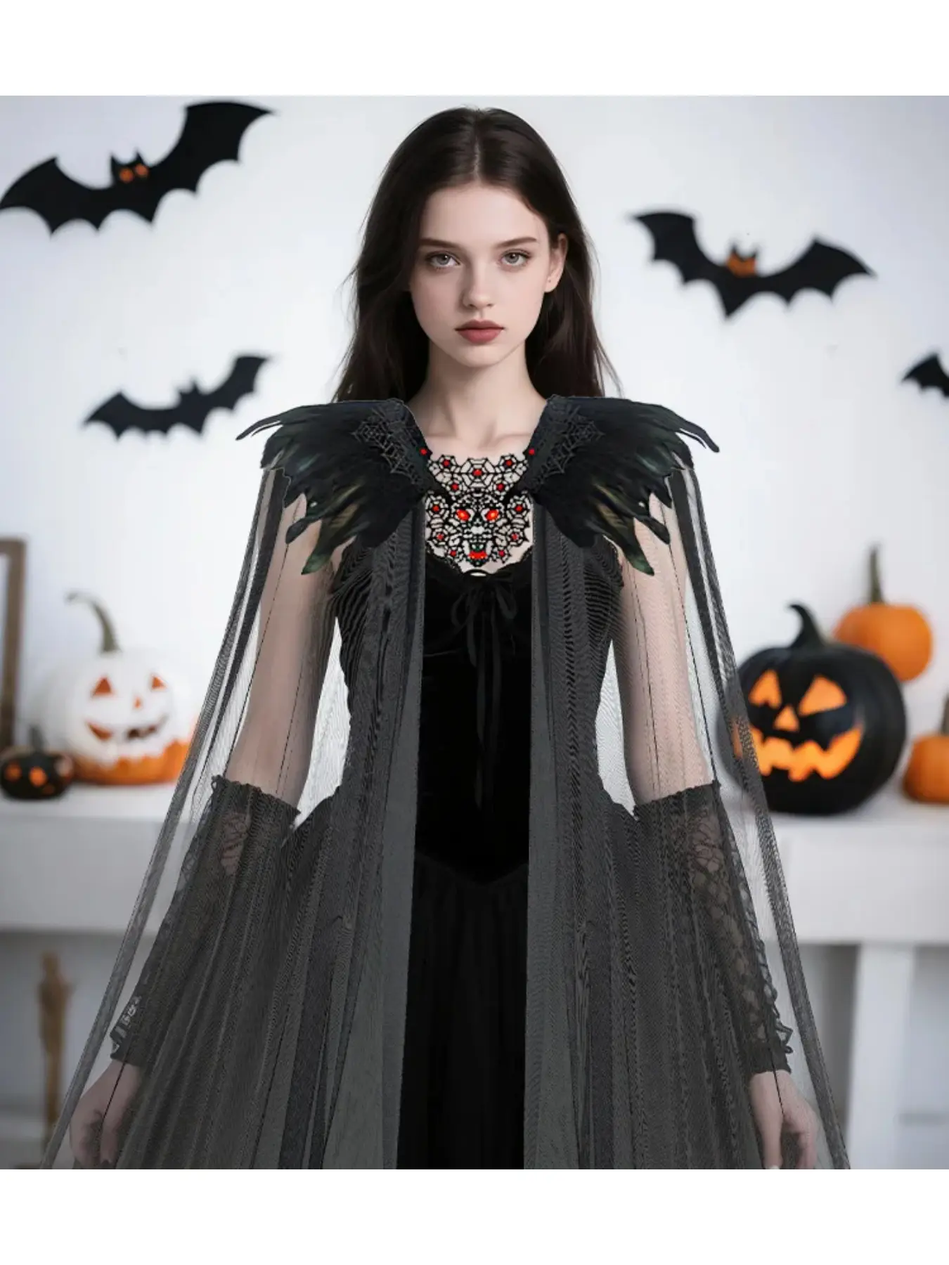 Halloween mesh shawl with studded skull black feather cape carnival ball party costume accessory