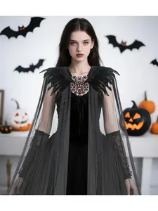 Halloween mesh shawl with studded skull black feather cape carnival ball party costume accessory