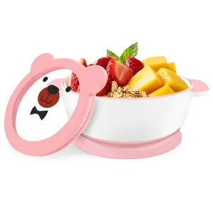 Mrs. Chou Ceramic Suction Bowl for Babies and Toddlers, Non-Slip Silicone Suction Cup, BPA-Free Lids, Independent feeding, First Stage Self Feeding Essential, Baby-Led Weaning Snack Feeder Pink