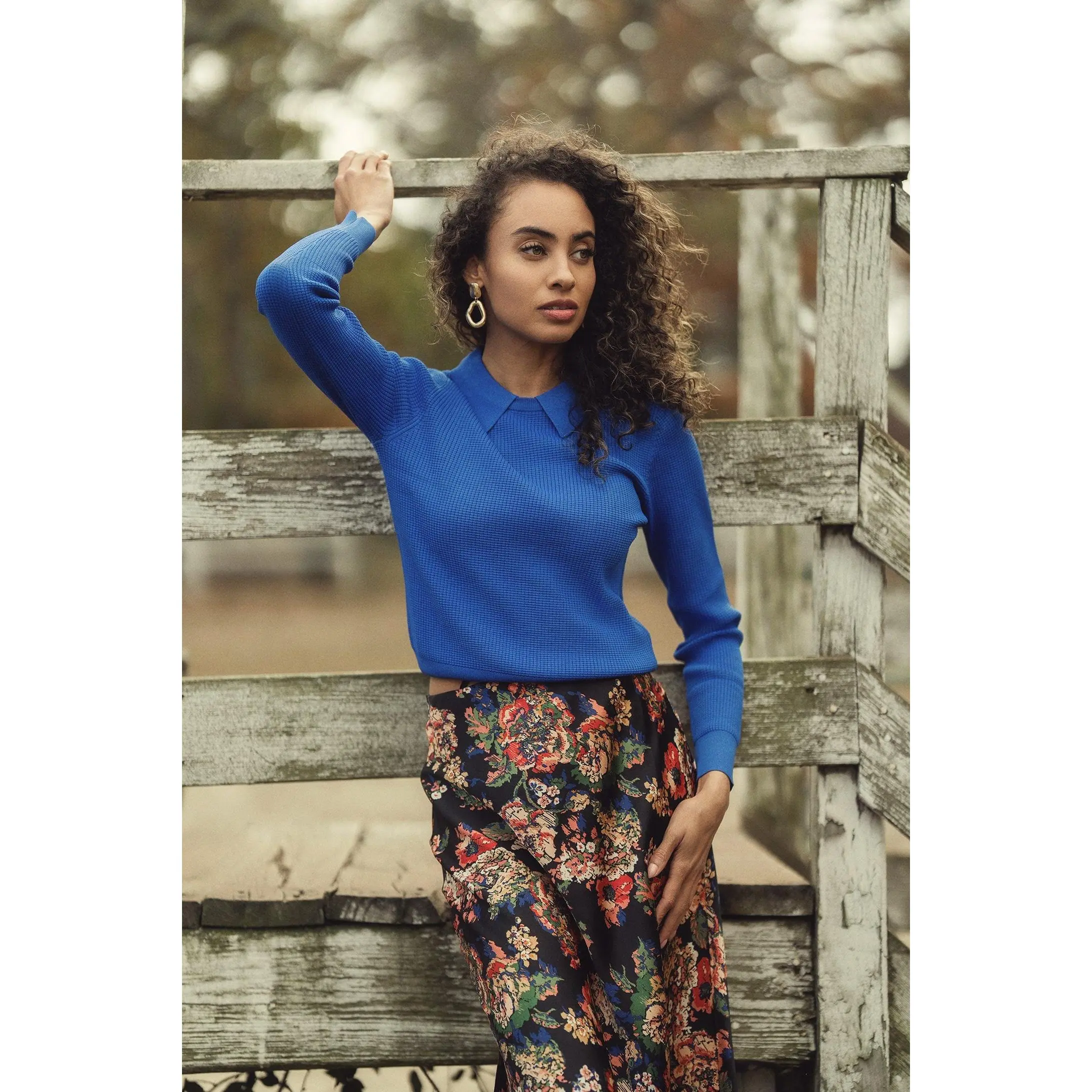 Waffle Collared Sweater-Cobalt Blue