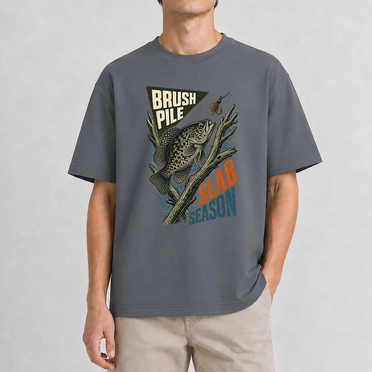 XTAUTO Brush Pile Slab Season Crappie Fishing T-Shirt, Unisex 220G Cotton Crew Neck Tee, Vintage Brush Pile Crappie Jig Graphic, Freshwater Angler Apparel, Fishing Gift for Men & Women