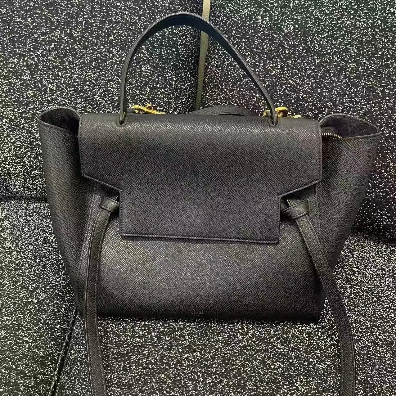 Pre-owned Celine Black Grained Leather Mini Belt Satchel Top Handle Everyday Crossbody Bag, Casual Trendy Pre Loved Purse, Elegant Embossed Fashionable Unique Notebook Compatible Accessory