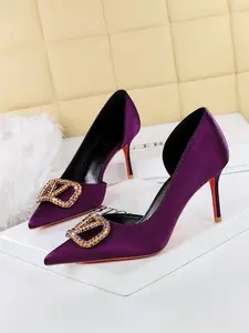 Elegant French Style Rhinestone Buckle Pointed Toe Low Cut Fashion High Heels, Side Hollow Out Slim Heel Single Shoes for Women, Elegant Heeled Shoes