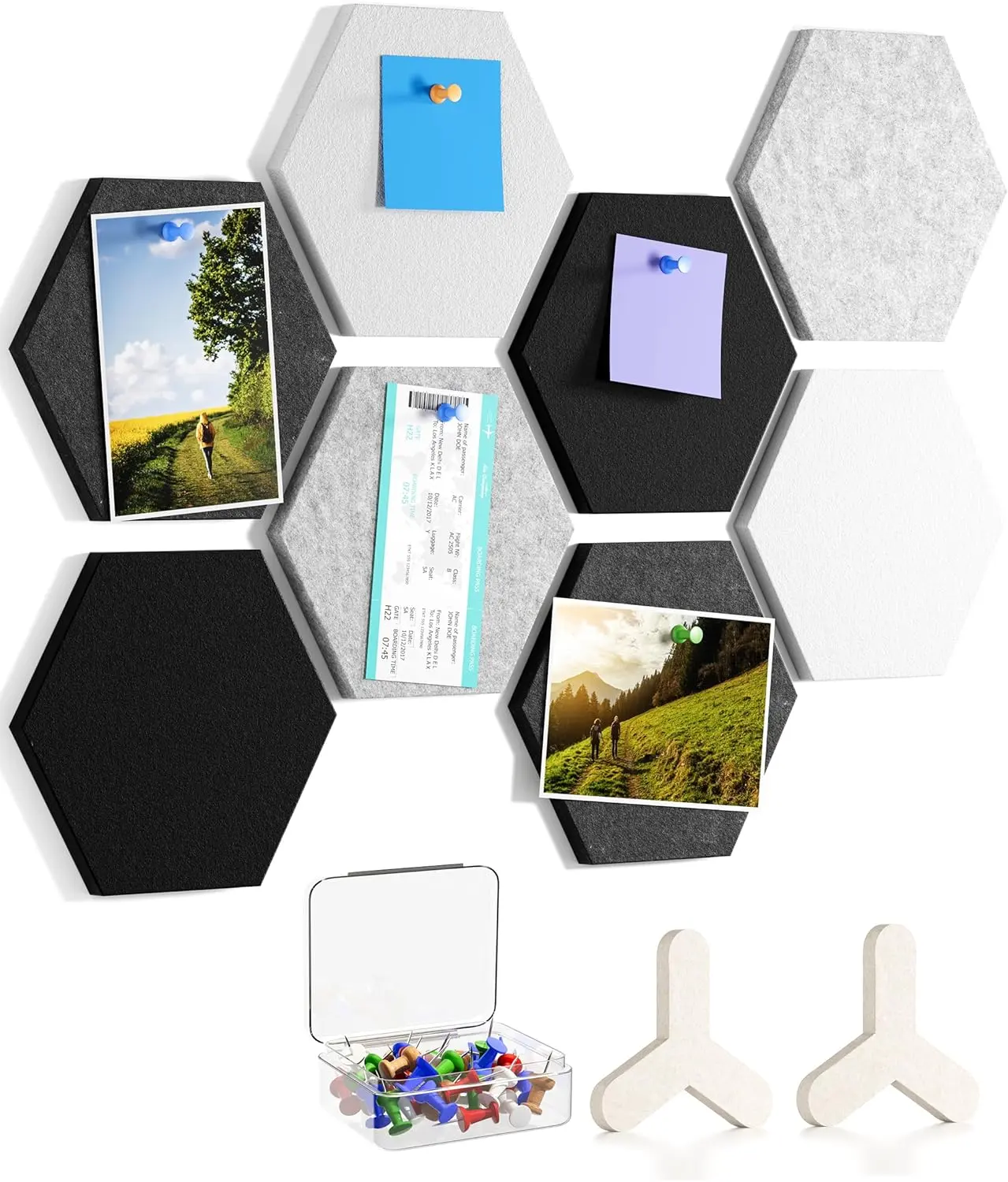 MaxGear 8-Piece Lightweight Modern Geometric Hexagonal Synthetic Tiles Kit - Self-Adhesive Non-Toxic Oeko-Tex Certified Felt Cork Bulletin Pin Board for Indoor Home Office, DIY Creative Wall Decor Projects with Durable Storage Box, Classrooms, Creative Pr