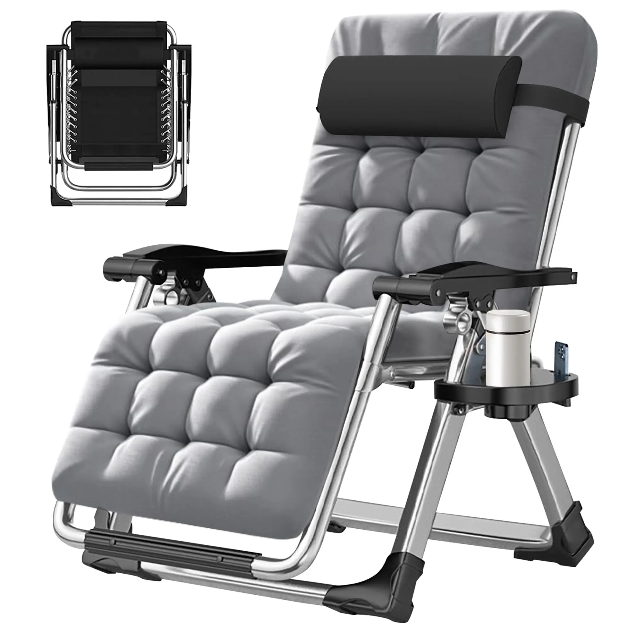 Zero Gravity Chair, Folding Patio Recliner with Removable Cushion & Cup Holder Trays, Portable Lounge Chair for Beach & Camping, Classic Black Zero Gravity Chair, Reclining Camping Lounge Chair for Indoor, Reclining Patio Chairs