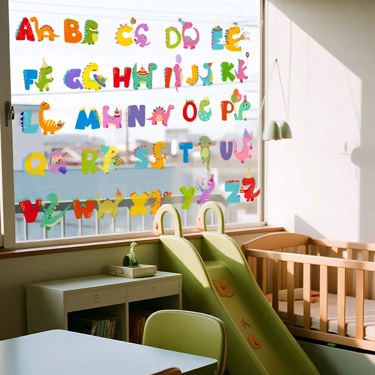 Set of 3 Cartoon Dinosaur Animal Window Stickers, 26 English Letters, Double-Sided Visible Glass Decals, Kids Room Decor