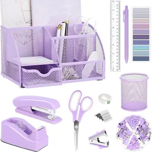 Purple Office Desk Accessories Supplies, 12 count Desk Organizers and Accessories with Tape dispenser and Stapler,Staples,Staple Remover,Pen Holder,Scissor,Ruler,Sticky Tabs,Tape,Ballpoint Pen,Clips Set