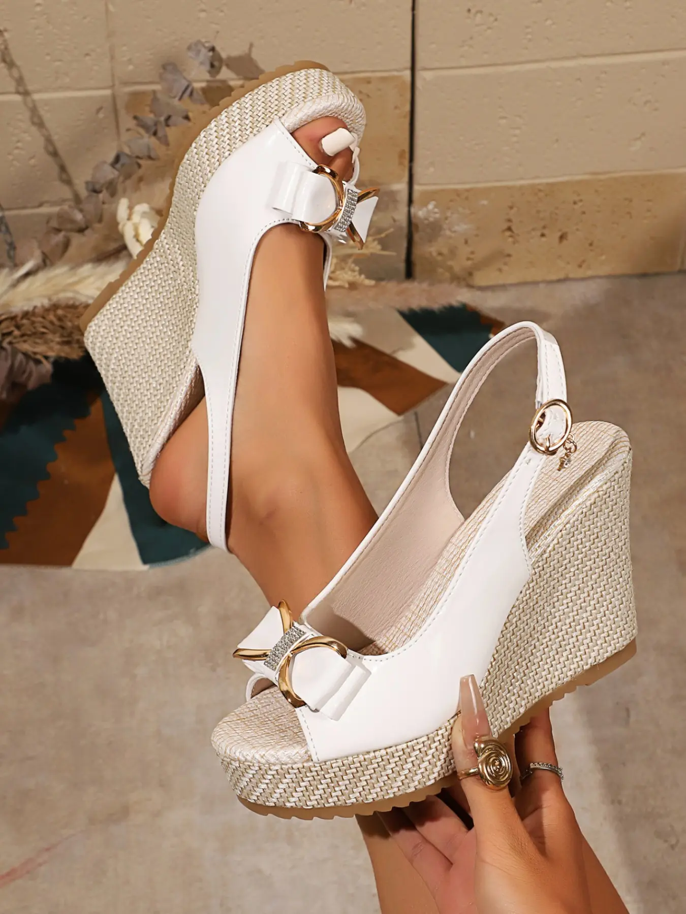 Women's Multi-Color Grass Wedge Sandals, Bowknot Peep Toe Design, Summer Outdoor Sweet, Stylish Classy Fashion Style, Plain Design, Casual PU Leather, Rubber Sole, Heeled, Less Than Ankle Height Footwear