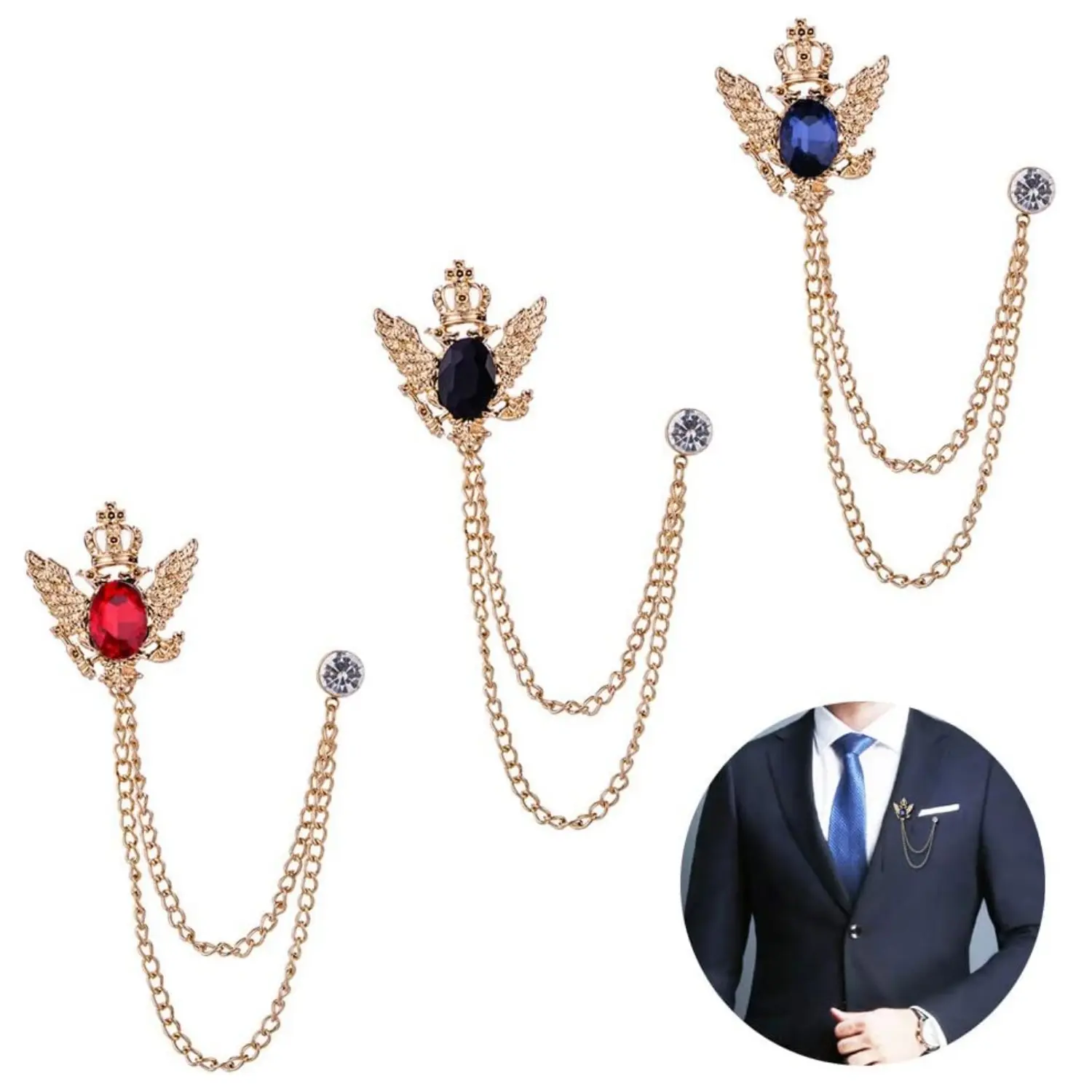 3Pcs Men's Brooch Pins - Metal Clip Suit Lapel Collar Pins with Chain Buckle, Crystal Jewelry Accessories for Men's Daily Decoration, Home Improvement Building Supplies Gift (Black/Red/Blue)