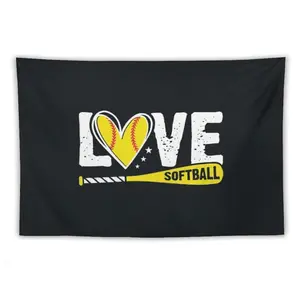 Love Softball Wall Tapestry - Abstract Art Print with Bold LOVE Text, Yellow Heart & Softball Bat Design on Black Background - Peach Light Beige Fabric Horizontal Wall Hanging Decor for Dorm, Living Room, Bedroom - No Electricity Needed