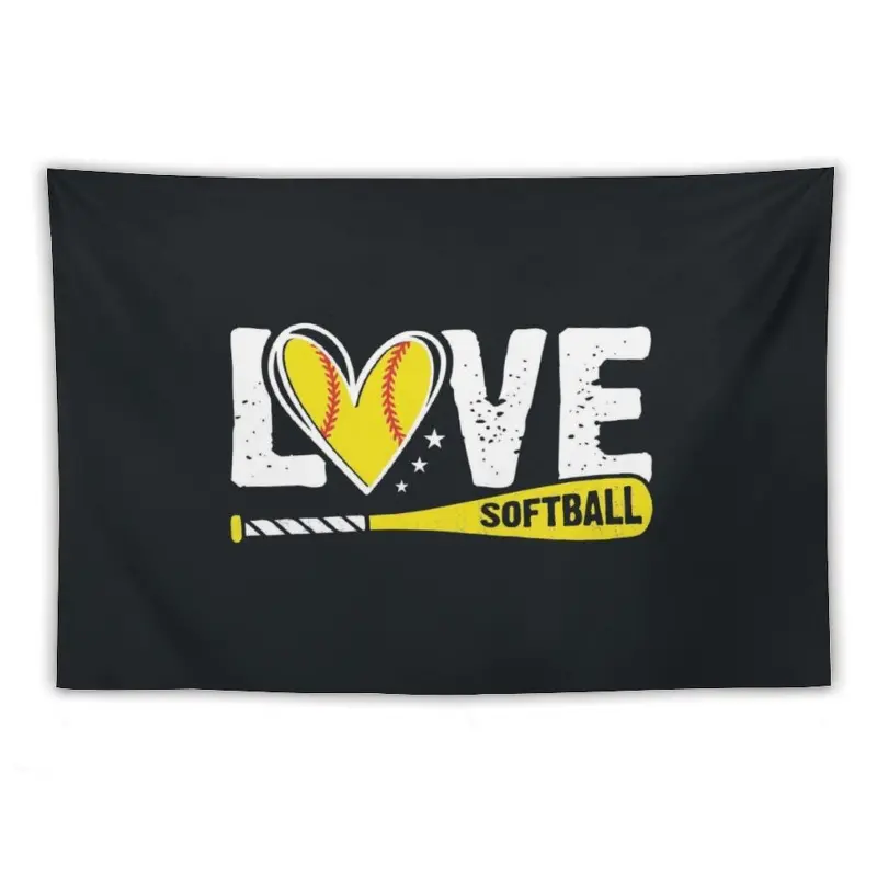 Love Softball Wall Tapestry - Abstract Art Print with Bold LOVE Text, Yellow Heart & Softball Bat Design on Black Background - Peach Light Beige Fabric Horizontal Wall Hanging Decor for Dorm, Living Room, Bedroom - No Electricity Needed