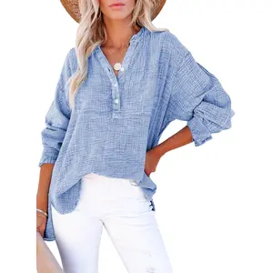 100% Cotton Oversized Blouse - Women's Button V Neck Long Sleeve Boyfriend Fit Tops