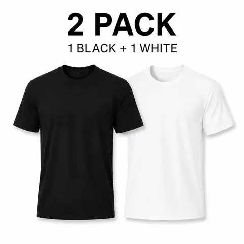 2-Pack Unisex Basic T-Shirts, 1 Black & 1 White Cotton Blend Crew Neck Short Sleeve Solid Tees, Everyday Casual Layering & Couples Matching Tops