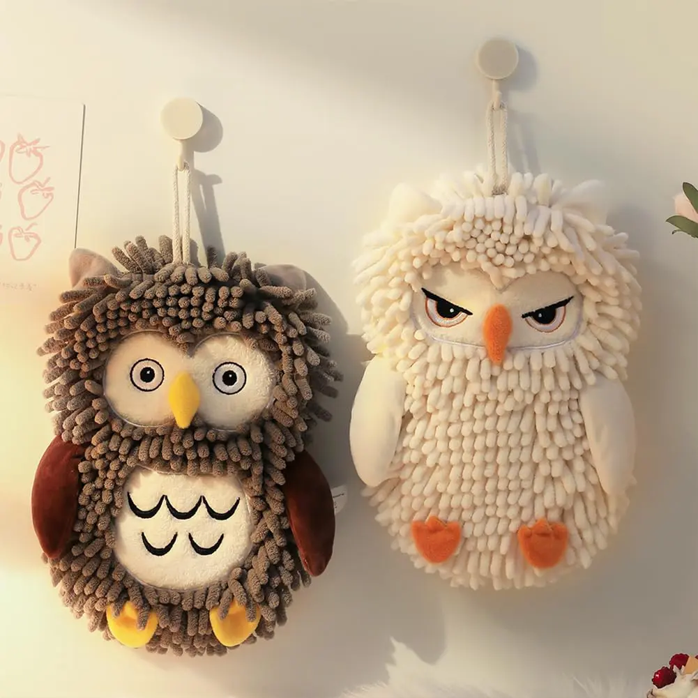 Cartoon Owl Chenille Hand Towel with Fuzzy Balls, Absorbent Fast-Drying Soft Hanging Towels for Bathroom and Kitchen, Decorative Cute Hand Towels with Loops for Kids and Adults
