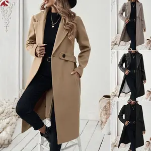 Women Winter Wool Blend Camel Mid-Long Coat Notch Double-Breasted Lapel Jacket Outwear