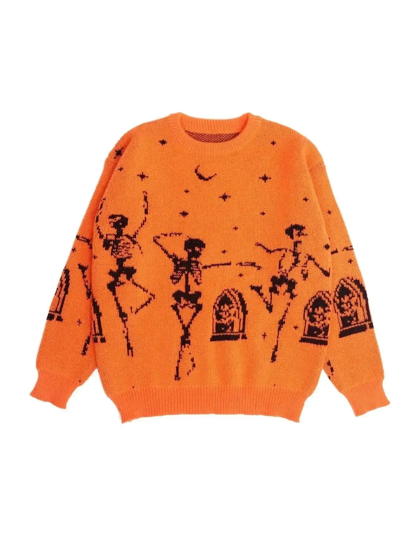 Women's Halloween Skeleton & Star Moon Print Round Neck Soft Sweater, Casual Long Sleeve Crew Jumper for Fall, Costumes, Fashion Ladies' Knitwear Daily Wear, Everyday, Womenswear, Knitting, Tops, Graphic stretch fit