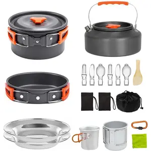 Camping Cooking Set Camping Cookware Outdoor Aluminum Mess Kit with Frying Pan, Pot with Lid, 1.2L Kettle Set and 2 Stainless Steel Plate, 2 Folding Cups and 2 Set Knives Spoons  Backpacking Picnic