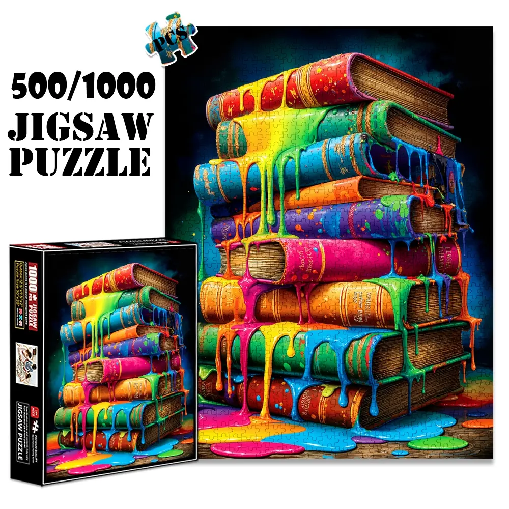 1pc 1000 piece adult puzzle 70x50cm Stack of Books with Colorful Paint Drips 500 pieces paper jigsaw puzzle Art Puzzles Gift suitable for DIY creative games for adults and families, birthday and holiday stress relie