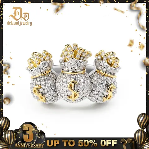 Delzzad 14K Gold-Plated Opulent Trio Ring Gilded Satchel Band Hip Hop Iced Out USD Bag Pinky Ring VVS Synthetic Moissanite Ring Jewelry Perfect Birthday Engagement Wedding Anniversary Christmas Valentine's Day Mother's Day Gift