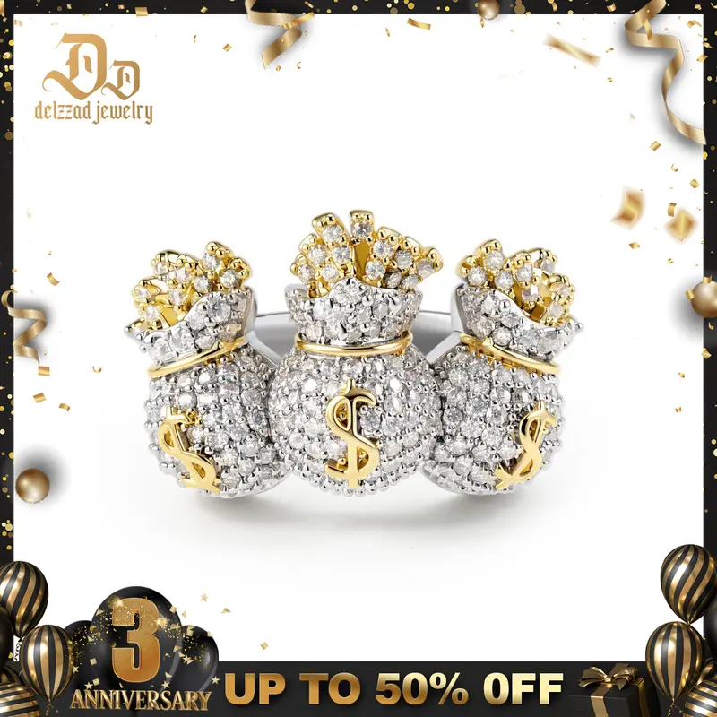 Delzzad 14K Gold-Plated Opulent Trio Ring Gilded Satchel Band Hip Hop Iced Out USD Bag Pinky Ring VVS Synthetic Moissanite Ring Jewelry Perfect Birthday Engagement Wedding Anniversary Christmas Valentine's Day Mother's Day Gift