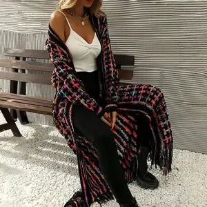 Women's Fall Winter Warmth Bohemian Casual Multi-Color Geometric Pattern Fringe Tassels Plaid Collar Hem Open Front Loose Fit Long Sleeve Cardigan Sweater Coat Outfit KnitwearGift