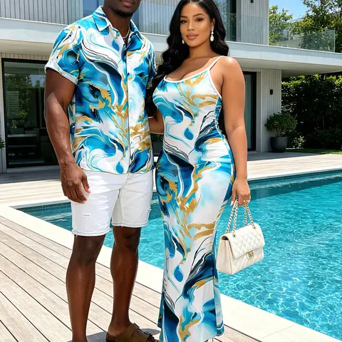 DRESSLILY Vacation Matching Couple Outfit Marble Fluid Swirl Tie Dye Print Short Sleeve Shirt & Women Bodycon Mermaid Maxi Dress Matching Set
