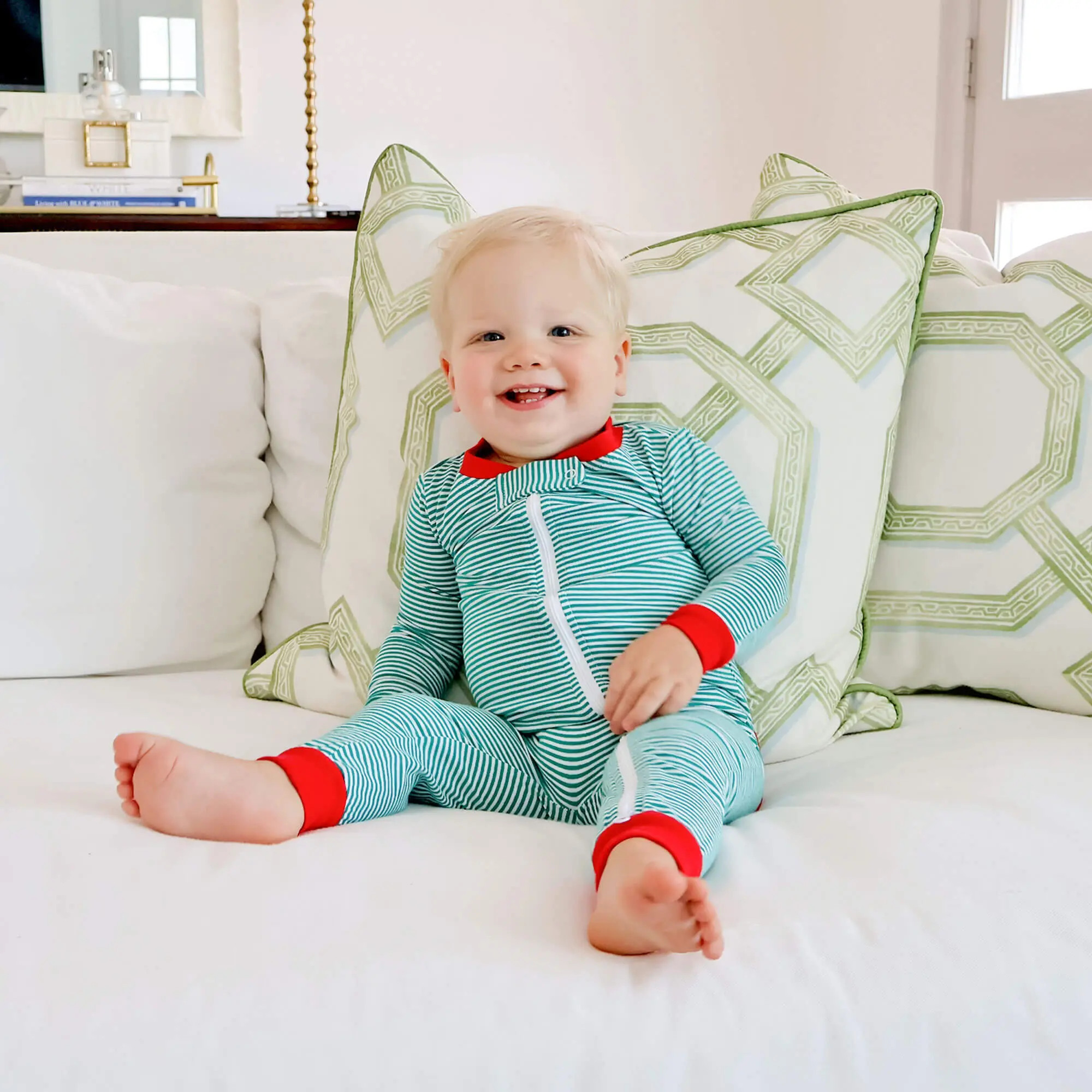 Christmas Cheer Green Stripe Zip Sleeper - Sibling Matching Holiday Cotton Pajamas