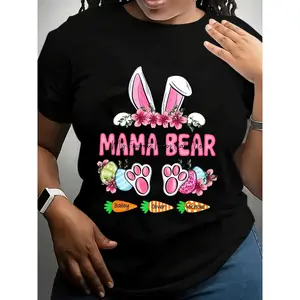 A Personalized Short-Sleeve Crew Neck T-Shirt for Easter Featuring Bunny Ears, Pink Flowers, And The Text 'Mama Bear' Along with Paw Prints And Carrots, with Names Like Bailey, Oliver, And Michael. This Design Is Perfect for Spring Celebrations