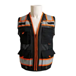 Black/Orange Safety Vest with Rear Pockets Reflective Straps & Multiple Pockets for Enhanced Visibility High-Visibility Workwear