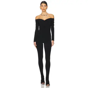 Norma Kamali Off Shoulder Sweetheart Catsuit With Footie in Black