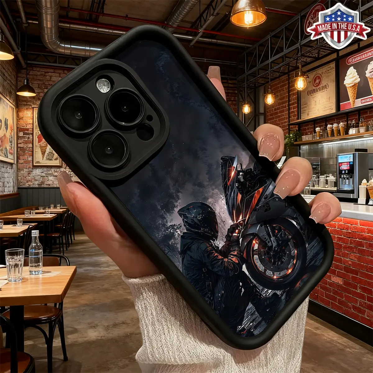 Motorcycle Rider Night Racing Hyperrealism Pattern Silicone Phone Case, Durable Slim Shockproof Anti-Drop Protection Accessory for iPhone 17 16 15 14 Pro Max 13 12 11 XR XS Plus Air