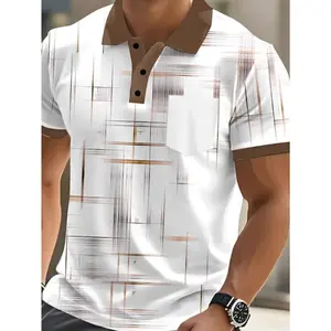 2D Flat Printing, Large Size Men's Sports Golf Shirt, Casual Summer Holiday Turn- Collar Fashion Button Shirt, Pocket Shirt, Regular Fit, Polyester Fiber, Machine Washable, Colorful Geometric Lines, Street Style Daily We