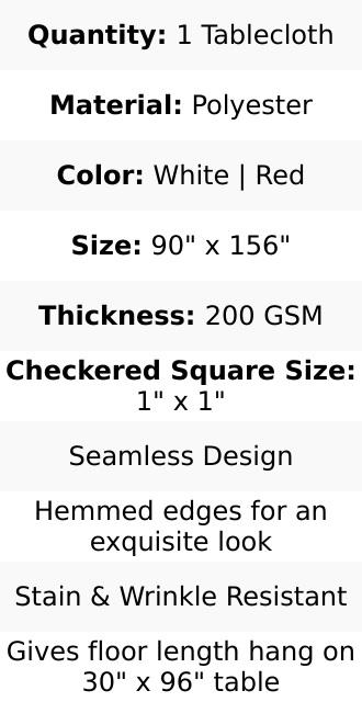 Polyester Rectangle Tablecloth 90"x156" White/Red Checkered Buffalo Plaid Design - Seamless Country-Style Decor for Gatherings