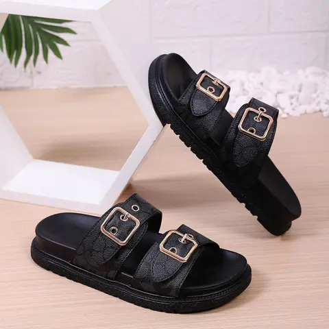 European Style Thick Sole Buckle Sandals for Women, Versatile Plain PU Leather Beach Shoes, Casual Open-Toe Flip Flops, Faux Leather Sandals