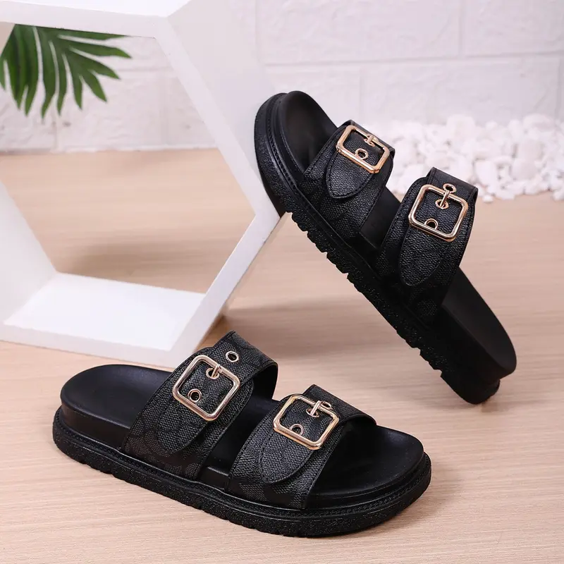 European Style Thick Sole Buckle Sandals for Women, Versatile Plain PU Leather Beach Shoes, Casual Open-Toe Flip Flops, Faux Leather Sandals