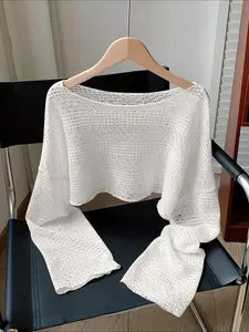 Women's Plain Crochet Hollow Out Sweater, Casual Long Sleeve Crop Jumper for Spring & Fall, Fashion Women's Knitwear for Daily Wear, Tops, Womenswear Knitting