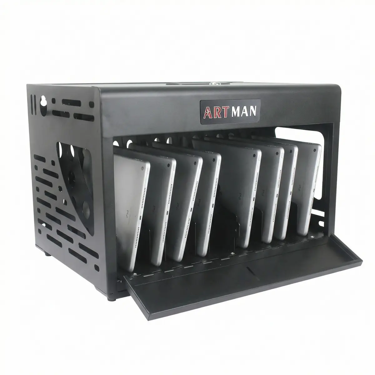 Black Rectangle 16-Bay Tablet & Chromebook Charging Cabinet Docking Station, Cold Rolled Steel Powder Coated, Fully Assembled Lockable, Heat Dissipation, Cable Management, Space-Saving Desktop Unit for 14in 1.2in Thick Devices (School/Classroom Use)