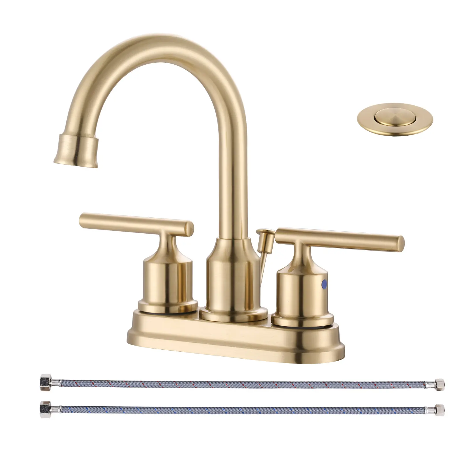 WOWOW Brushed Gold Bathroom Faucet 4 Inch Ceterset Bathroom Sink Faucet 3 Hole Vanity Faucet 2 Handle Basin Faucet with Drain Tall Mixer Tap Modern, Brass, High Arc