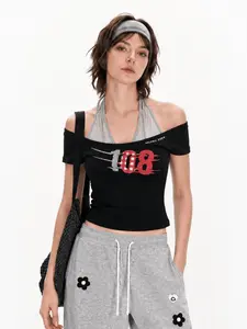 Aelfric Eden Halter Layered Baby Tee Slim Fit Off Shoulder Design Number Print Short Sleeve Stretch Fabric Casual Y2K Streetwear Women Top