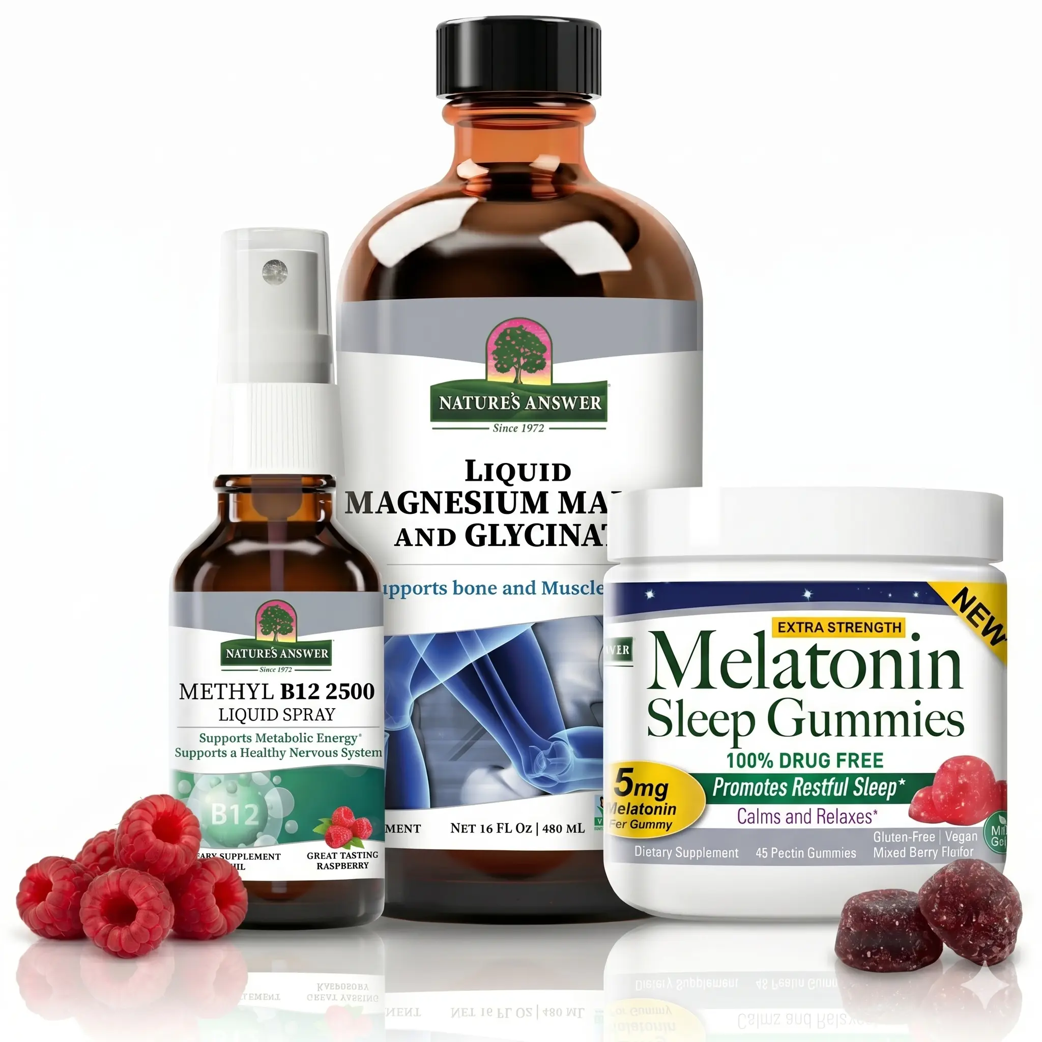 Nature's Answer Natural Relaxation 2nd Mega Value Bundle - Methyl B12 2 oz Spray, Liquid Magnesium 16 oz, Melatonin Gummies - B Vitamins Mineral Supplements, Energy Focus Support, Daily Nutritional Aid - Made in USA