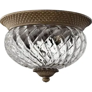 Small Flush Mount Ceiling Light - Pineapple Motif, 2-Light, Inside Etched Amber Optic Glass, Aluminum - Pearl Bronze Finish