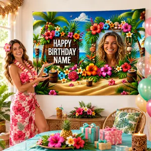 Custom Tropical Birthday Party Backdrop Tapestry Personalized Photo Name Beach Summer Hawaiian Style Celebration Banner Wall Decor for Girls Adults