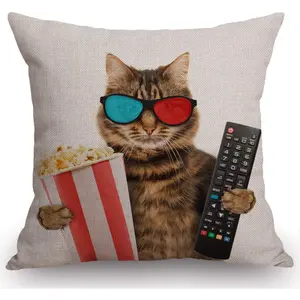 Funny Cat in The 3D Glasses with Popcorn Basket Cotton Burlap Giraffe Flamingo Linen Throw Pillow Case Cushion Cover Sofa Outdoor Decorative Square 18X18 Inches One-Sided Printing