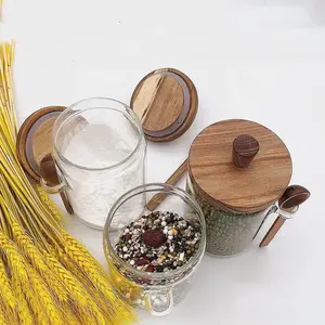 1pc Small Glass Jars Containers with Wooden Lids and Scoop Clear Canister Jars Set with Spoon for Kitchen Food Storage Coffee Tea Sugar Decorative Countertop Organization Jars 15 Oz