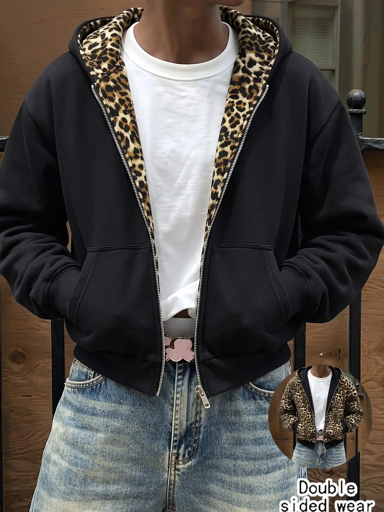 Men’s cotton zip up hooded jacket with leopard print lining, reversible hoodie jacket for both front and back wear, loose long sleeve street casual top with pockets