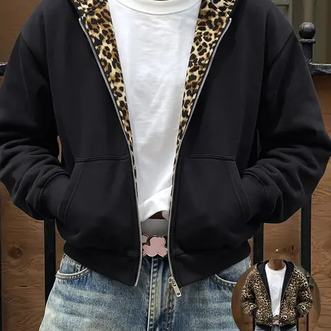 Men’s cotton zip up hooded jacket with leopard print lining, reversible hoodie jacket for both front and back wear, loose long sleeve street casual top with pockets