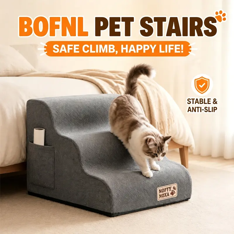 BOFNL 3-Tier Non-Slip Sturdy Indoor Pet Stairs & Ramp - 15.7" H Grey High-Density Foam Pet Furniture for Elderly Small/Medium Dogs & Cats, Vacuum Packed for Safe Access to Sofa, Chair