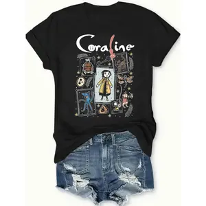 Coraline Black T-Shirt Summer Casual Wear Personalized Unisex Women's Top Comfortable Breathable Short Sleeve Tee Suitable For All Outfits Made In Usa