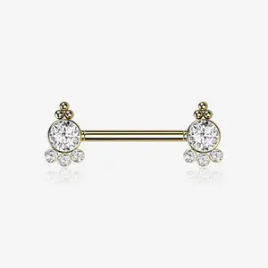 A Pair of Golden Royal Bali Sparkle Beads Threadless Nipple Barbell 14GA 316L Stainless Steel Gold Plated 9/16" Piercing Jewelry